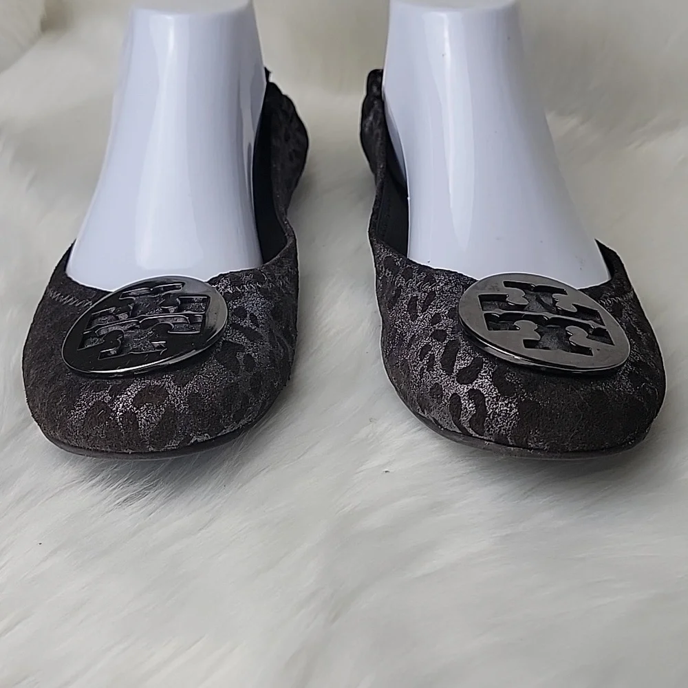 TORY BURCH Leopard Animal Print Metallic Silver Brown Medallion Logo Ballet Flat